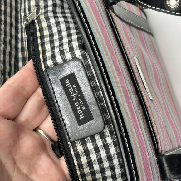 VINTAGE KATE SPADE NY Striped Satchel Pink Blue Coated Canvas Black Trim - RARE - Picture 12 of 16